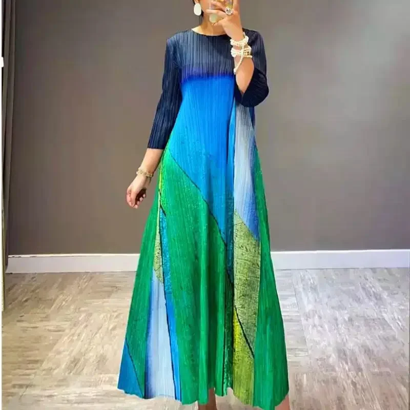 Miyake Pleated Dress 2024 Spring Vintage High Fashion French European Female Plus Size Long Dress Indian Dress Original Designer