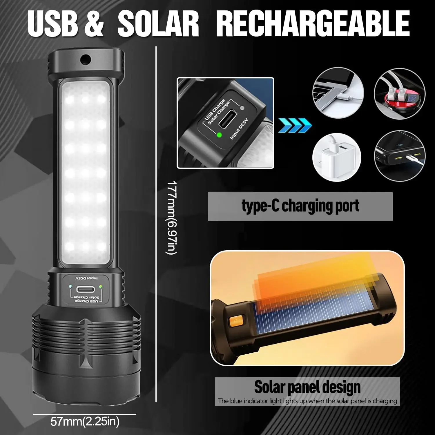 Solar/ USB Rechargeable 3 Modes LED Flashlight Super Bright Torch Portable Emergency Light Waterproof Flashlights