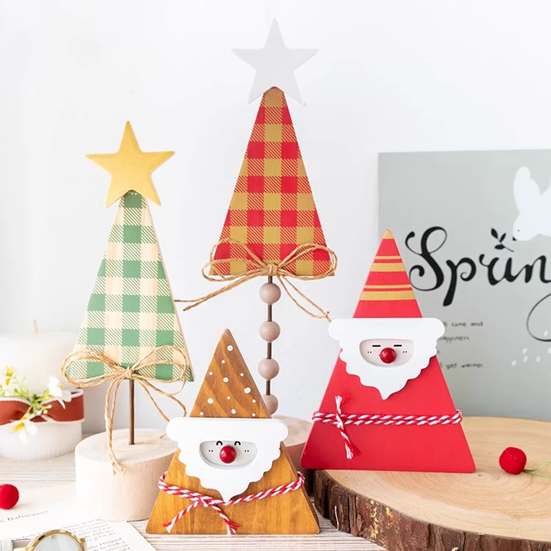 Scottish plaid triangular wooden Christmas tree Santa Claus ornament, Japanese home Christmas decoration cartoon ornament gift
