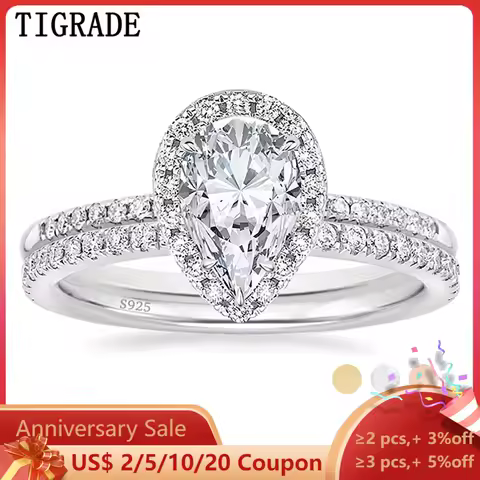 TIGRADE 925 Sterling Silver Wedding Band Teardrop Bridal Rings Sets Halo Cubic Zirconia Solitaire Engagement Ring For Women Size