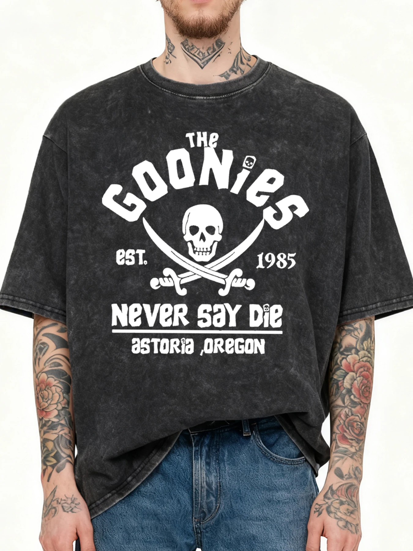 

The Goonies Skeleton Printed Retro T-Shirt Men Comfortable Cotton T-Shirt Sportwear Crewneck Clothing Washed Unisex Short Sleeve