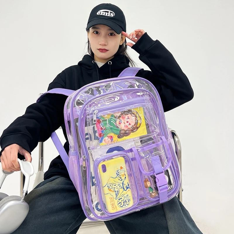 2024 New Contrast Dopamine Transparent Backpack Personalized Design Youth Fashion Large Capacity Book Bag Free Shipping 패션 백팩