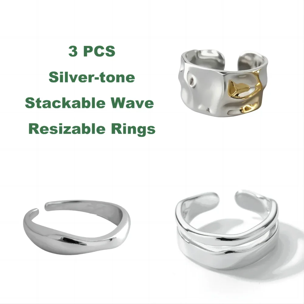 3pcs Stackable Resizable Stainless Steel Wave Cuff Ring Set