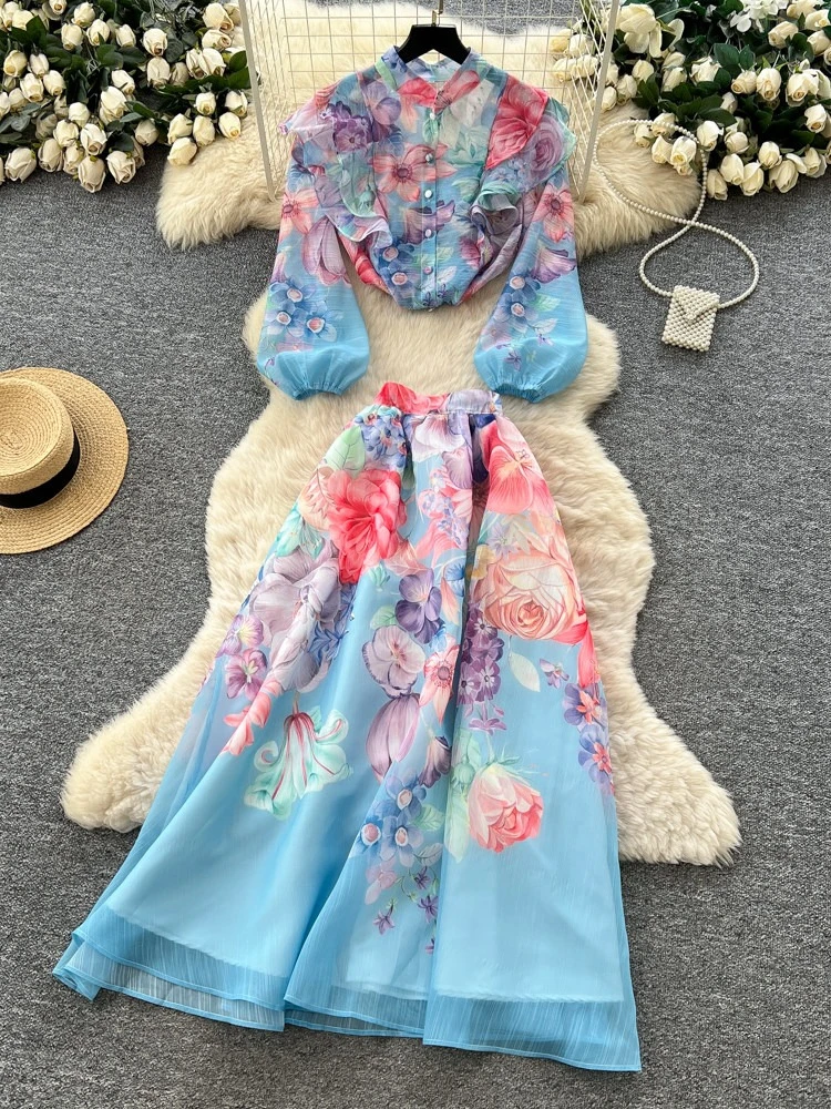 

Korean version commuter style printed two-piece set women's 2026 spring short shirt slim fit high waisted A-line long skirt
