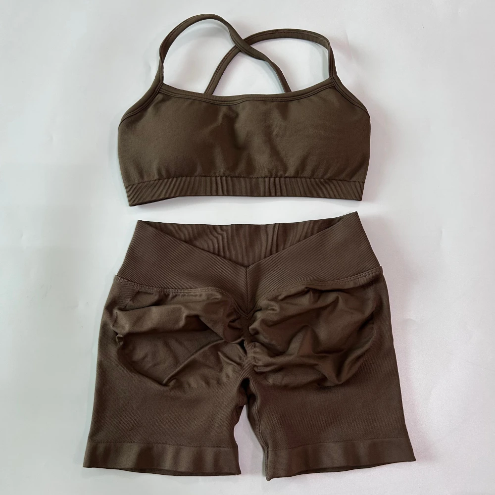 2-teiliges Set für Damenbekleidung, nahtlose Scrunch-Yoga-Shorts, rückenfreier KTP-Sport-BH, Fitness-Workout-Top, Gym-Set-Outfits – Detail 16