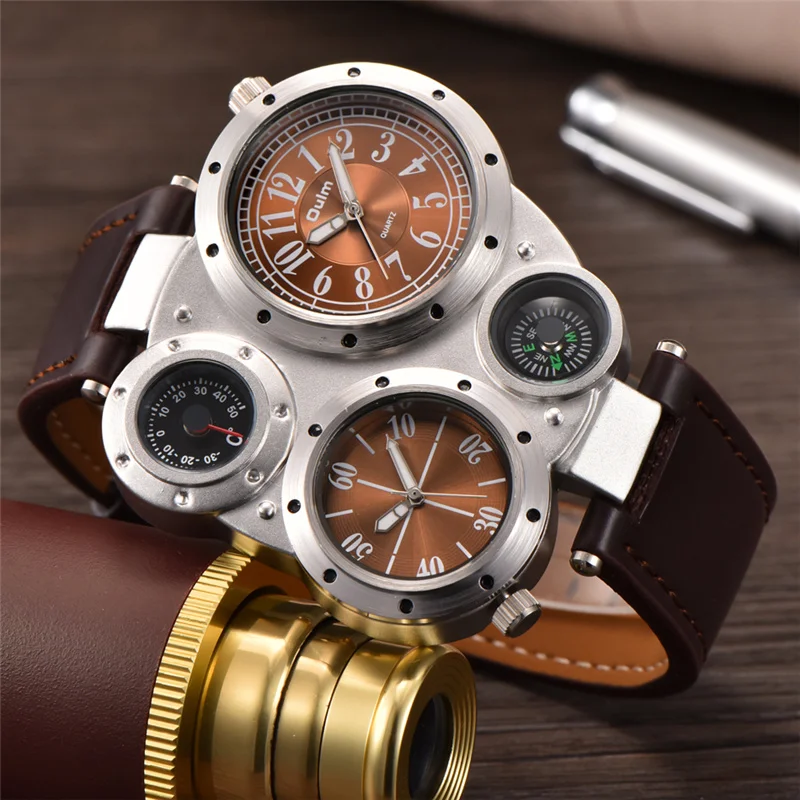 Fashion Oulm Top Brand Big Face Luxury Original Imported Quartz Men Unique Design Dual Time Decorative Compass Personality Watch