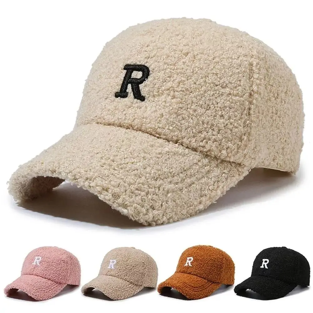 New Embroidery Baseball Cap Thick Imitation Lambswool Peaked Cap Windproof Solid Color Winter Warm Hat