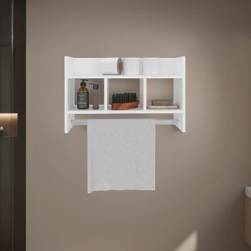 

White Bathroom Wall Shelf with 4 Shelves and Towel Bar, 15.7" High