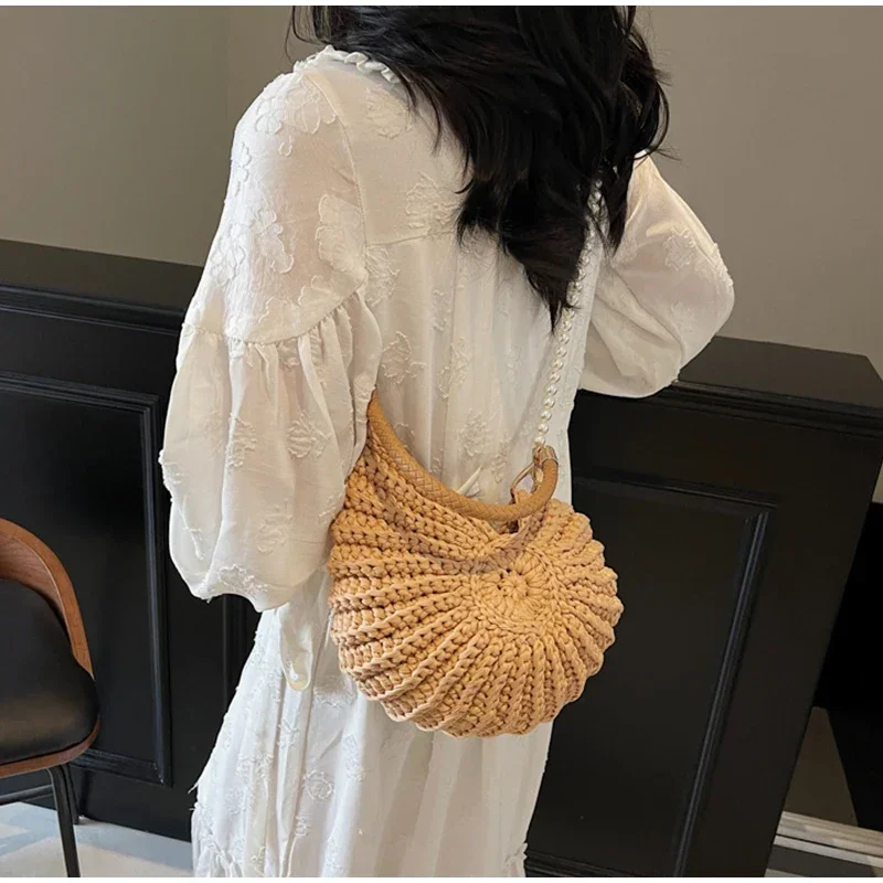 Conch Shell Knit Crochet Umhängetasche, Perlenkette, handgefertigte gewebte Damen-Umhängetasche, elegante, zarte, süße, kompakte Geldbörse – Detail 16