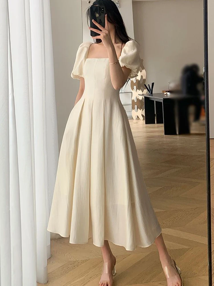 

Chic New Fashion Summer Square Neck Puff Sleeve French Casual Women Vintage Korean Midi Dress 2023 Elegant Party Dresses