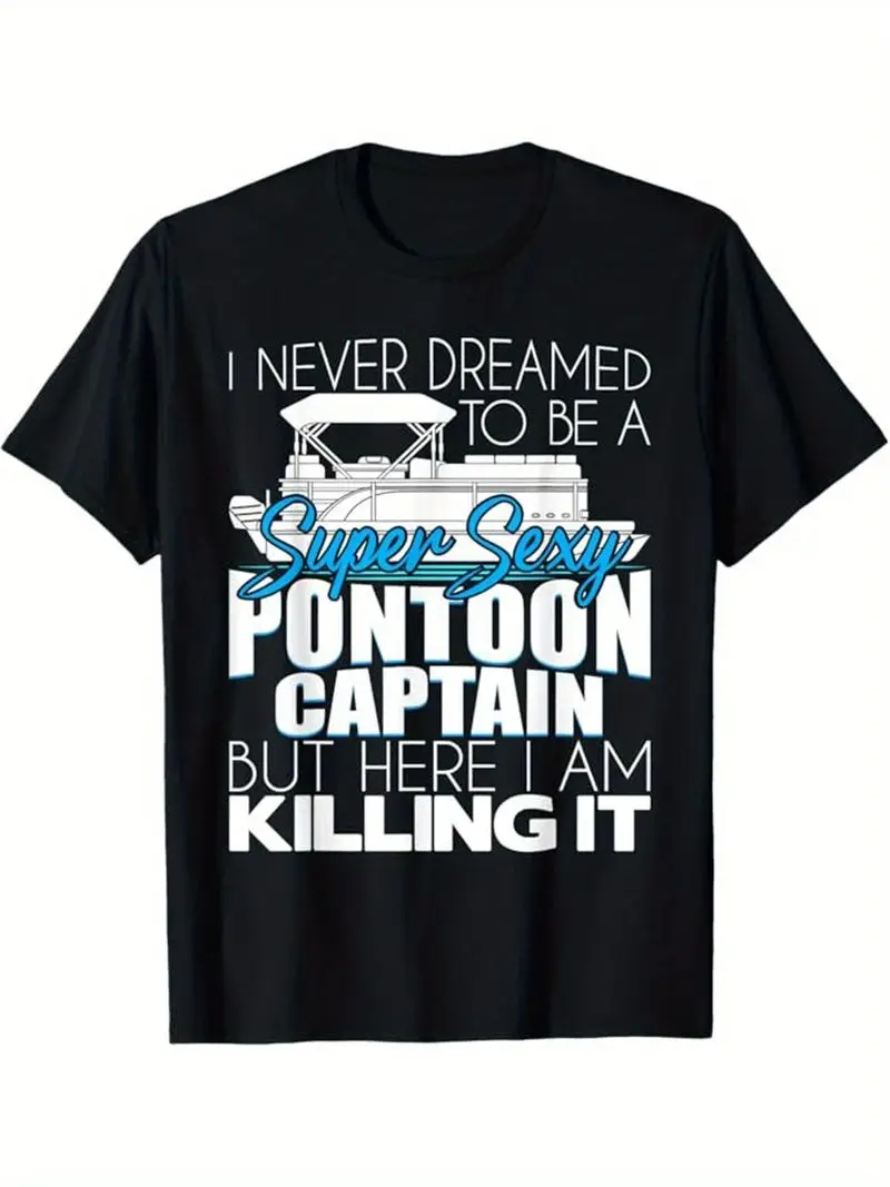 Men's T-Shirt Featuring Fun Design Of Attractive Pontoon Captain Comfortable Short Sleeve Crew Neck Casual Tee For Cruises