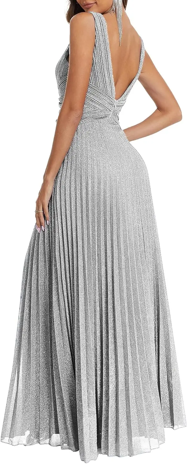 ชุดเดรสค็อกเทลสตรีคอวีเอวสูงจีบชุดราตรีแขนกุดเอ-ไลน์ชุดพร้อมเอวผูกชุดรับปริญญา