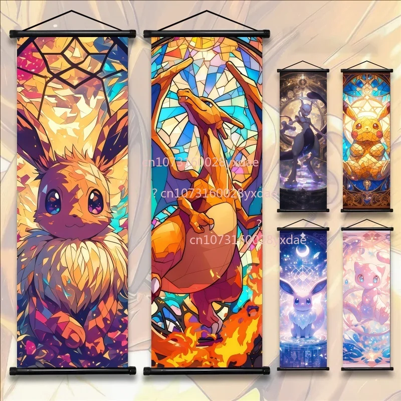 

Pokemon Anime Poster Scroll Painting, Pikachu, Charizard, Eevee, Gengar, Mewtwo, Room Art White Canvas Painting Wall Decoration