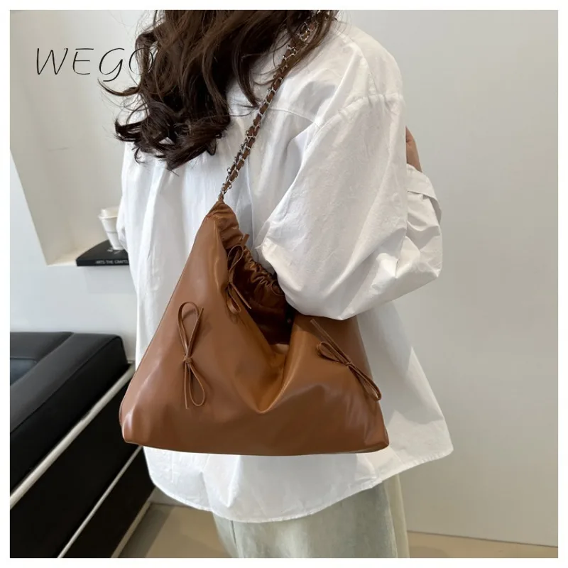 Large Capacity Retro Chain PU Bucket Bag Underarm Handbag 2024 New Summer Solid Color Leisure Bow Bucket Shoulder Bag