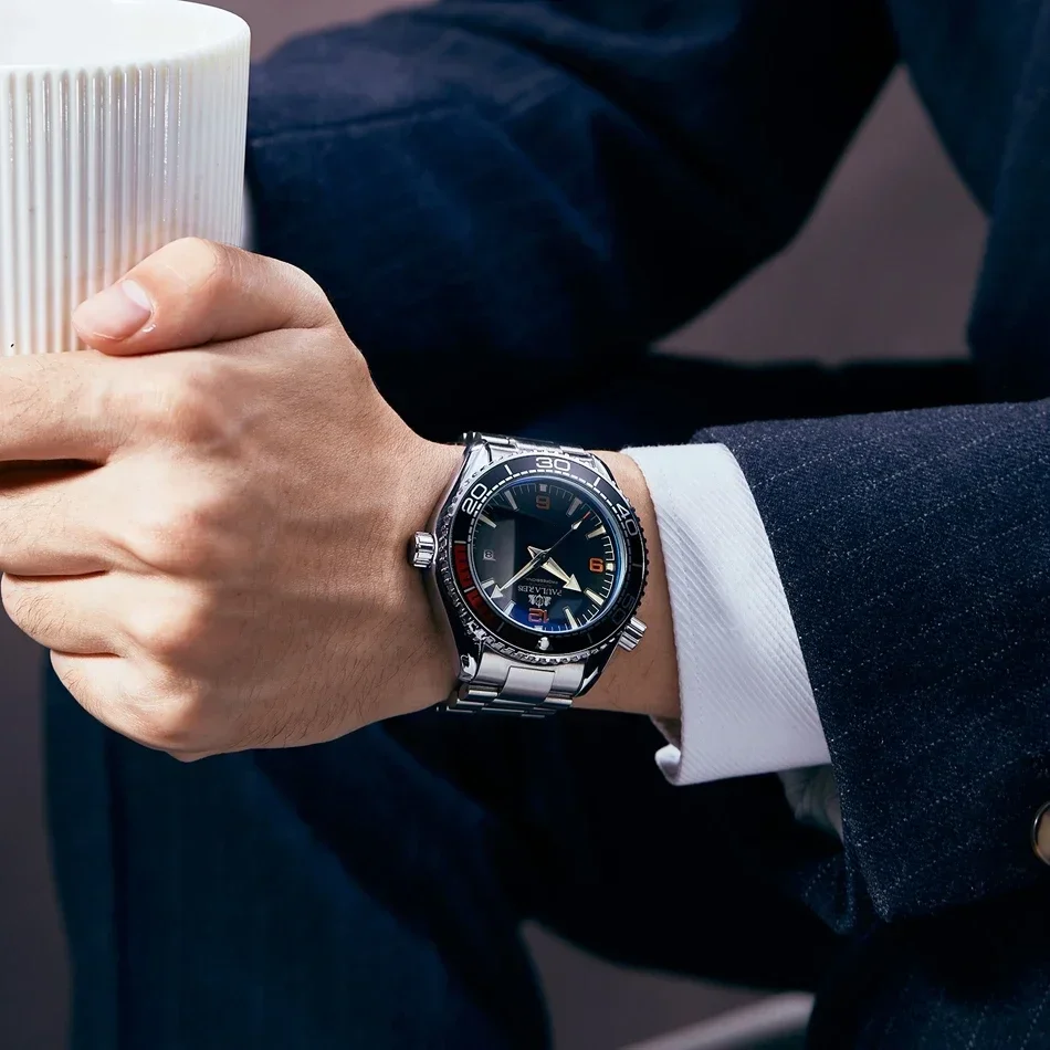 ساعات أوتوماتيكية للرجال ميكانيكية ذاتية الرياح من الفولاذ المقاوم للصدأ بحزام برتقالي أزرق أحمر فاخر