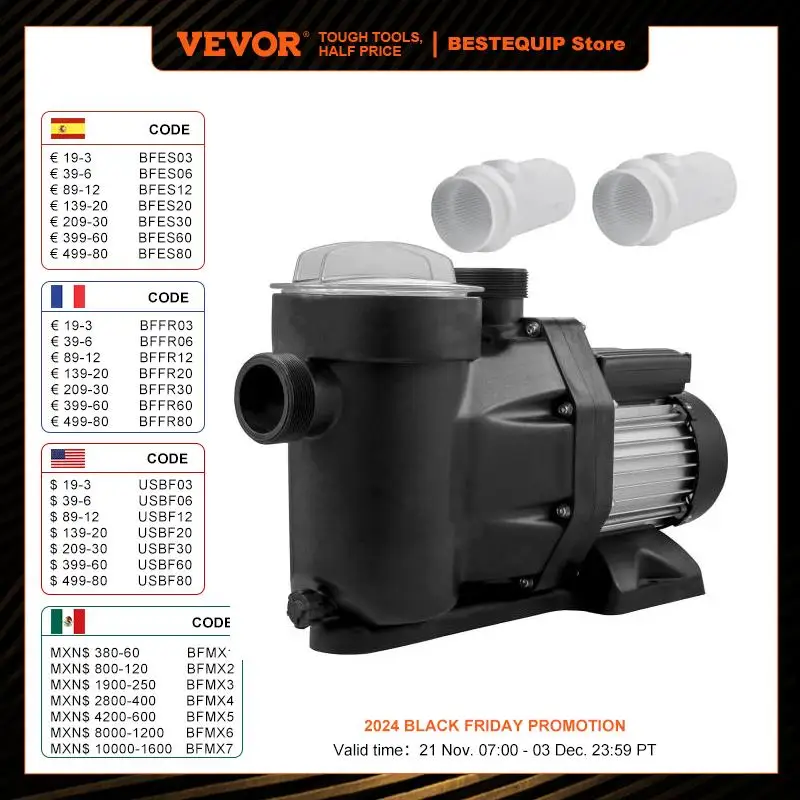 VEVOR 230V Swimming Pool Pump 1HP 750W Motor In/Above Ground Inlet/Outlet 52.6ft / 47.6ft Quiet For Clean Swimming Pool Water