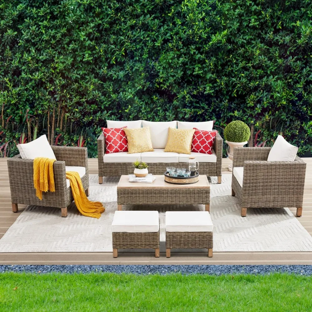 

Patio Furniture Set Sectional Sofa with Metal Top Coffee Table, 6 Pieces Conversation Set Hand Wove Wicker Furniture for Garden