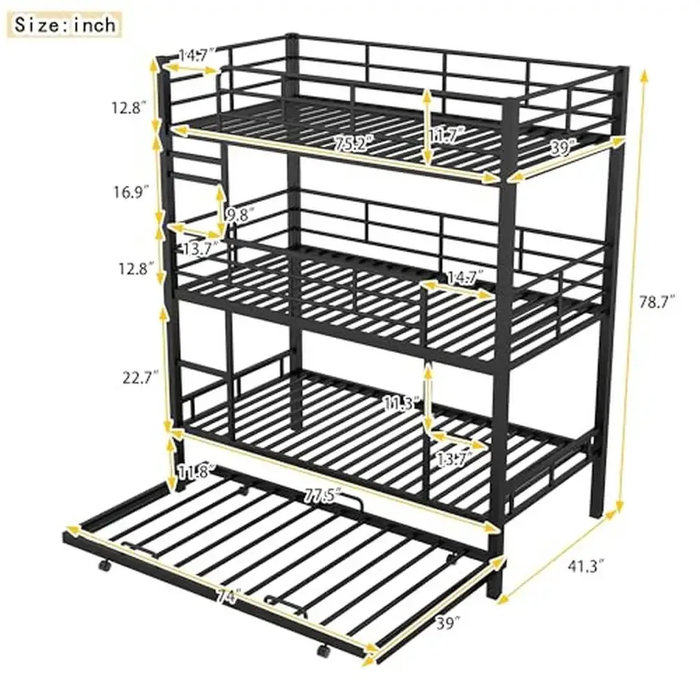 Triple Bunk Bed with Trundle Metal 3 Single Beds 2 Ladders Safety Rails Sturdy & Stylish Twin/Twin/Twin Space-Saving Design