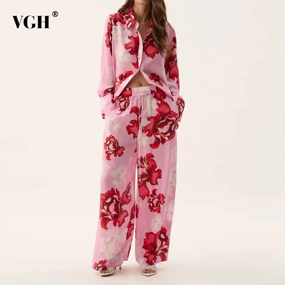 

VGH Casual Two Piece Sets for Women Lapel Long Sleeve Patchwork Buttons Shirt High Wasit Wide Leg Trousers Print Suit Female New