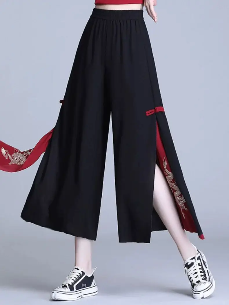 

Chinese Style Wide-leg Pants for Women With Slit Skirt Pants Loose Calf-Length Pants Casual Women's Clothing Vintage Oversize