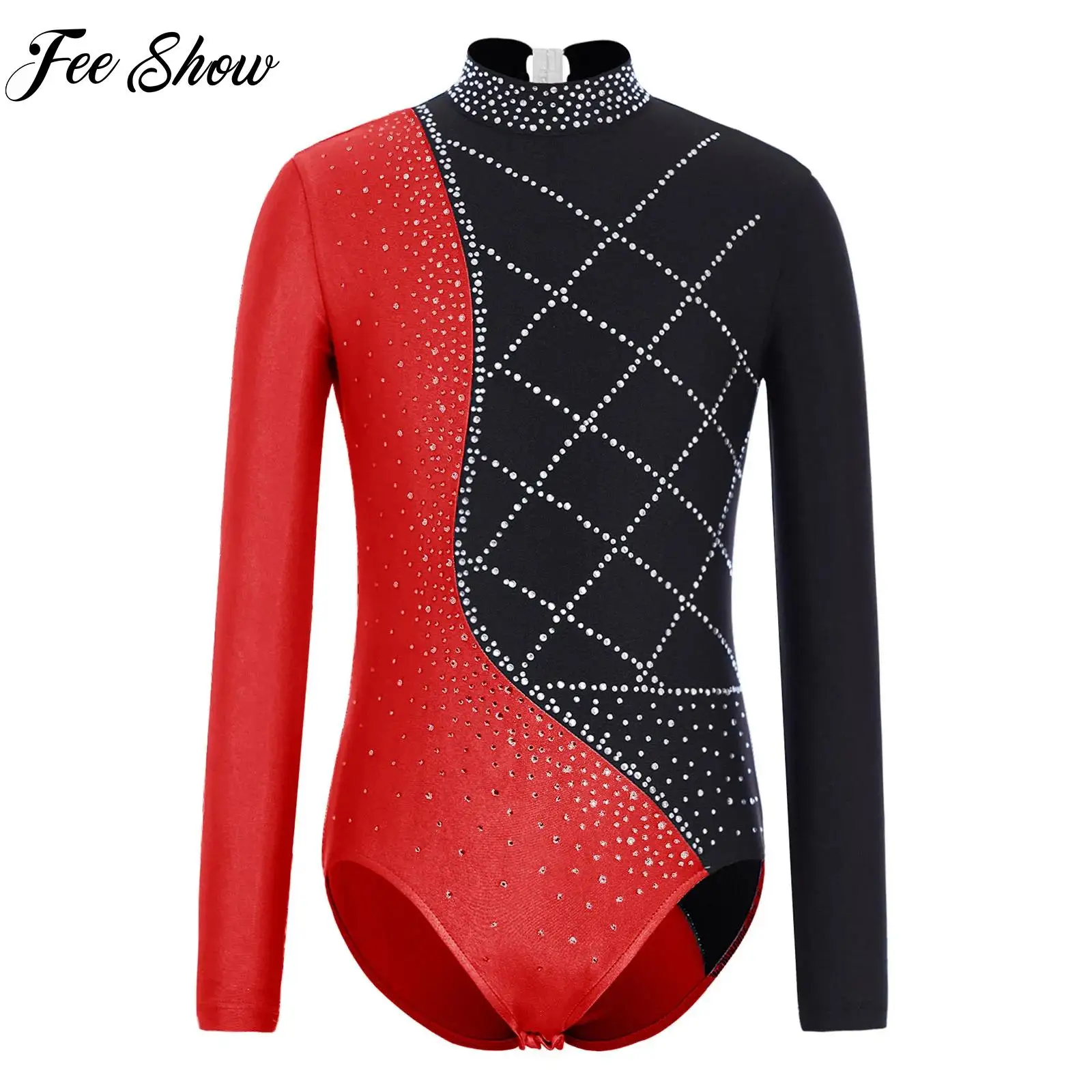 Leotardo de gimnasia y Ballet para niñas, traje de bailarina elegante de manga larga con diamantes de imitación, patinaje sobre hielo, Ropa de baile puesta en escena