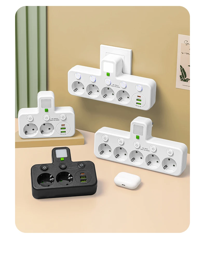 EU-Stecker-Steckdosenleisten. Zwei Spezifikationen mit oder ohne USB-Typ-C-Anschluss. Wandladegerät für das Heimbüro – Detail 33