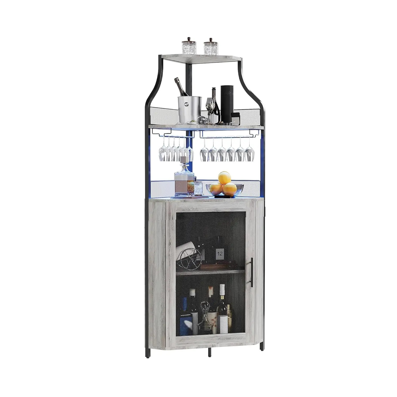 

Corner Bar Cabinet with Detachable Wine Rack - Small Buffet Sideboard with LED Lights, Glass Holder & Mesh Door,, Customized