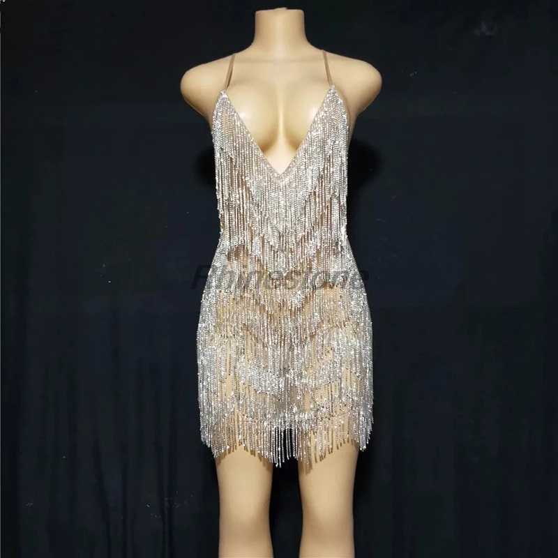 2024 Sexy Deep V Rhinestone Fringe Mini Party Luxury Party Dress