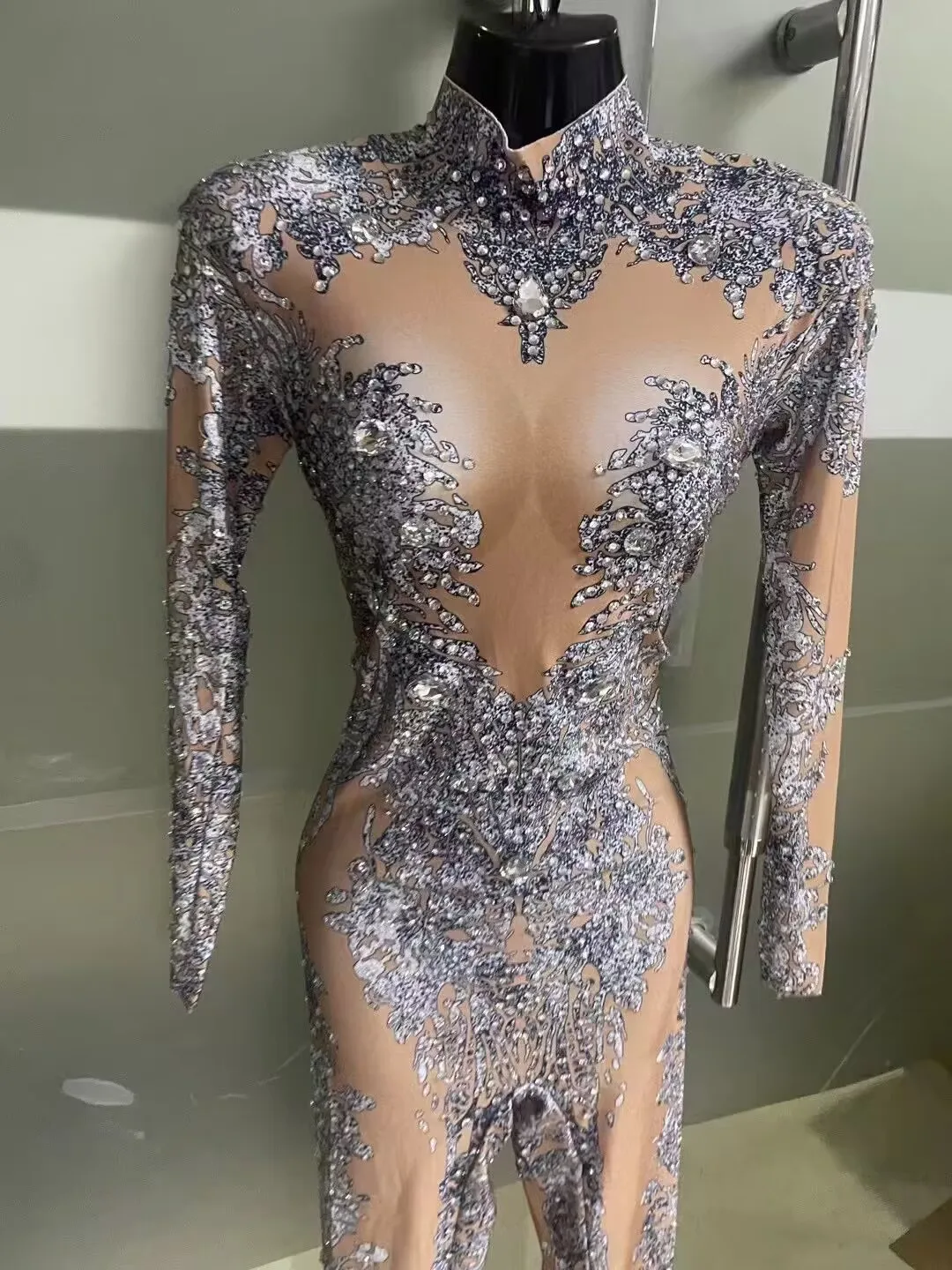 생일 여성 송 DJD 무대 의상 고공 섹시 페이크 미트 라인스톤 프린트 점프수트 공연 의상