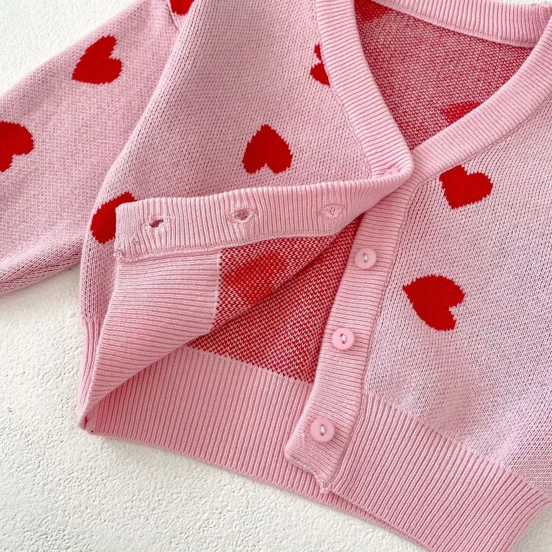 Cute Baby Girl Sweater 0-3Years Newborn Kids Long Sleeve Heart Pattern Knitted Cardigan Tops Outfits INS Spring Autumn Clothes