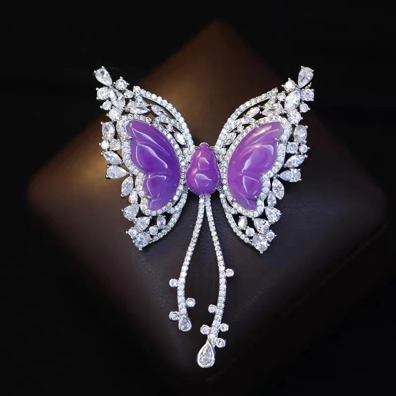 OKILY Luxury Optimize Jade Butterfly Brooch for Women's Corsage Suit Accessories Female Zircon Double Clip Buckle Broche  Decor