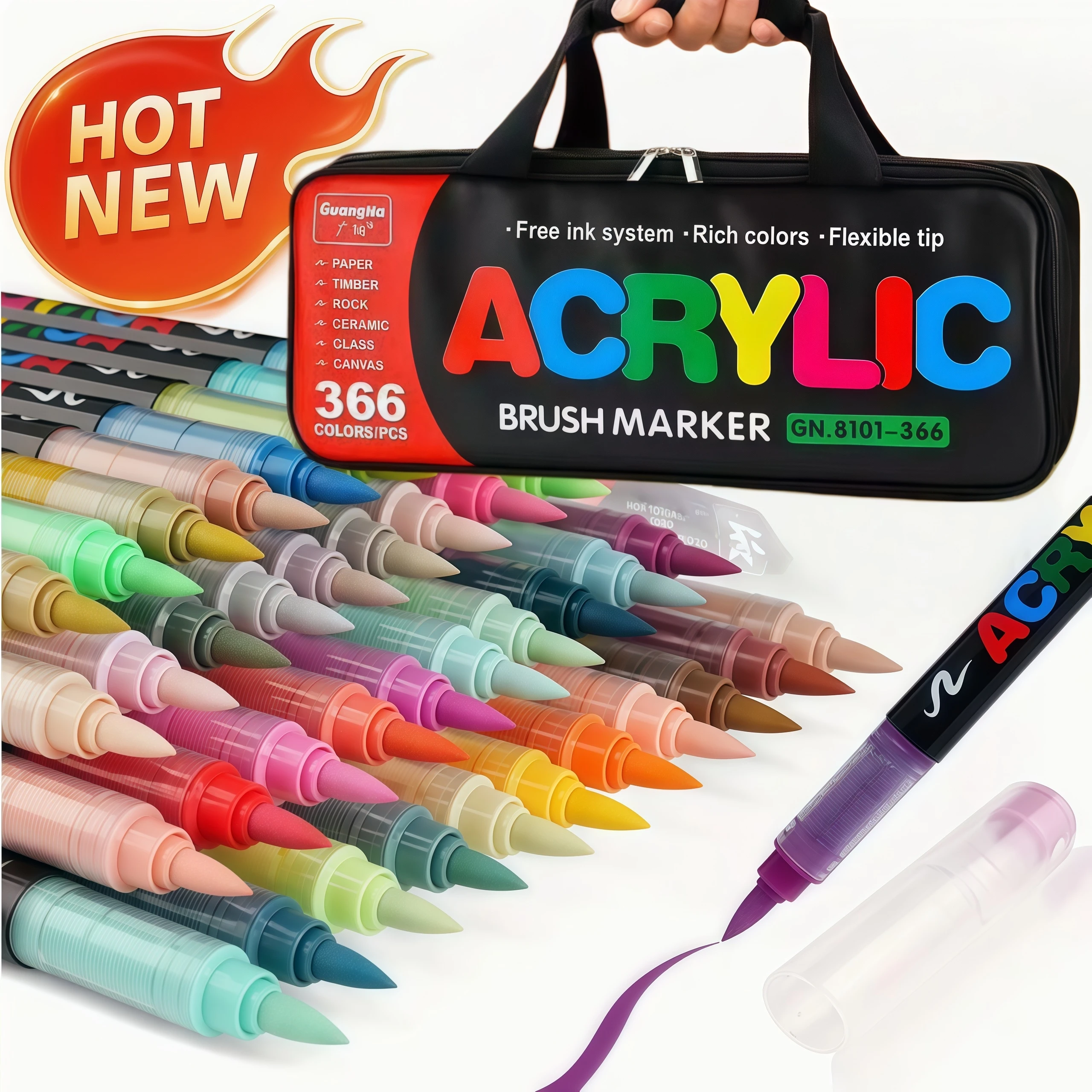 GN 366 Farben Set Acryl-Marker mit Pinselspitze, Professionell für Stein, Stoff, Festival-Geschenk DIY Kunst-Stifte mit Aufbewahrungstasche