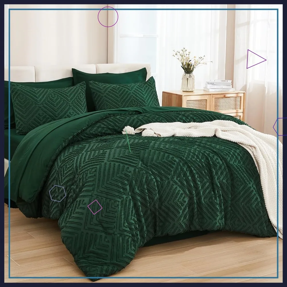 

Queen Comforter Set 7 Piece Dark Emerald Green - Bed in a Bag Boho Lightweight Fluffy Tufted Bedding with Sheets & Pillowcases