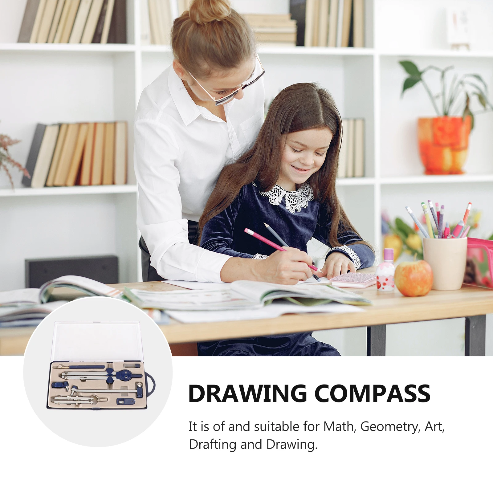 

Metal Drawing Compass Geometry Tool Drafting Student Office Shiny Plated Screw-Mount Design Storage Case Pencil Included