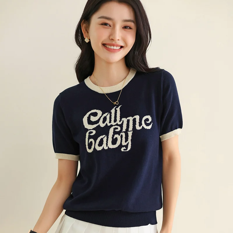 Women's Summer Round Neck Knitted Pullover Short Sleeve T-shirt 100% Pure Cotton Fashion Embroidery Contrasting Color Tops