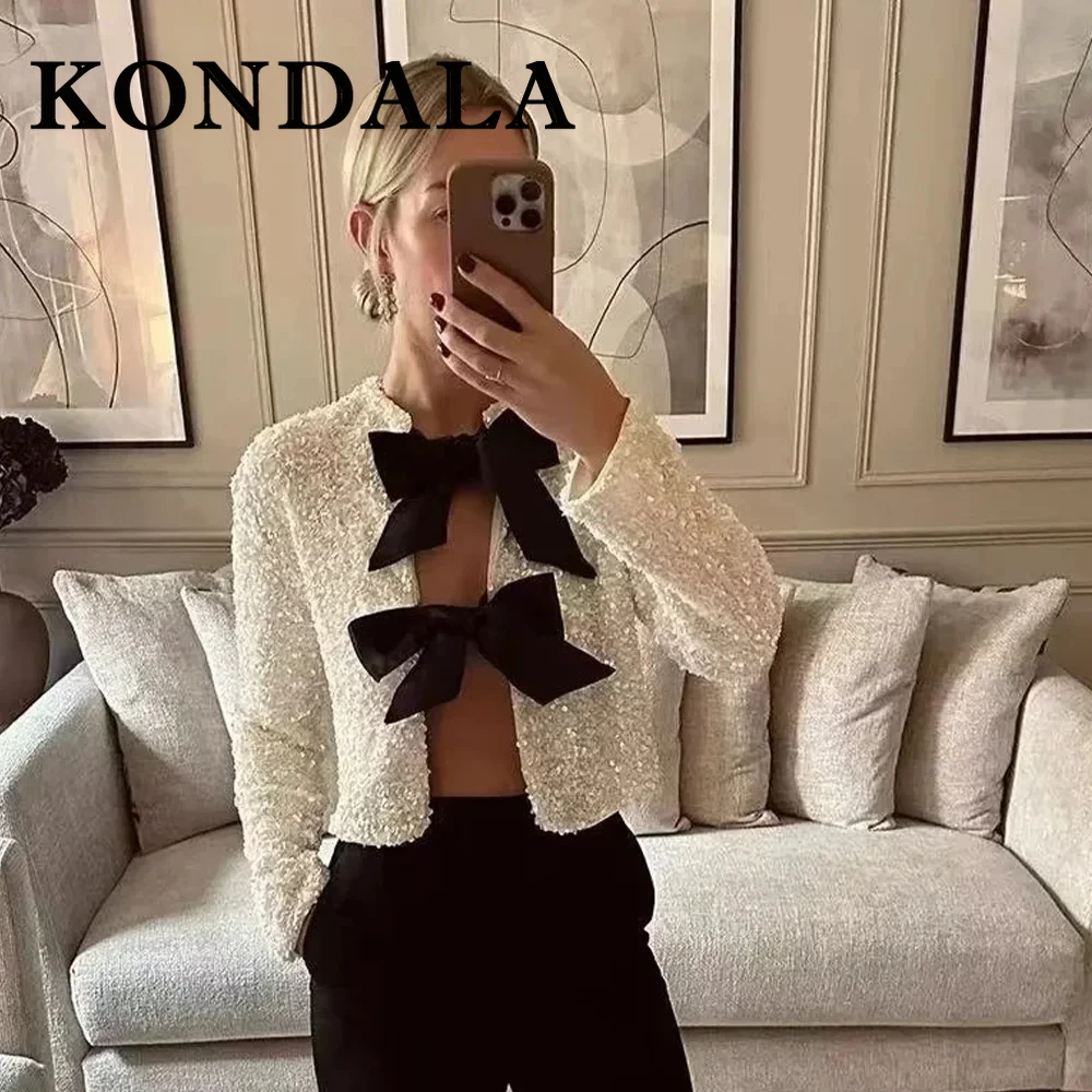 

KONDALA 2022, осенне-зимние женские топы с бабочками на шнуровке и блестками, модные повседневные уличные топы с круглым вырезом и открытой строчкой, сексуальные элегантные топы