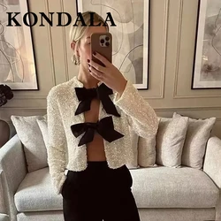 KONDALA 2025 Autumn Winter Women Butterfly Lace Up Sequins Tops Fashion Casual Streetwear O Neck Open Stitch Sexy Elegant Tops