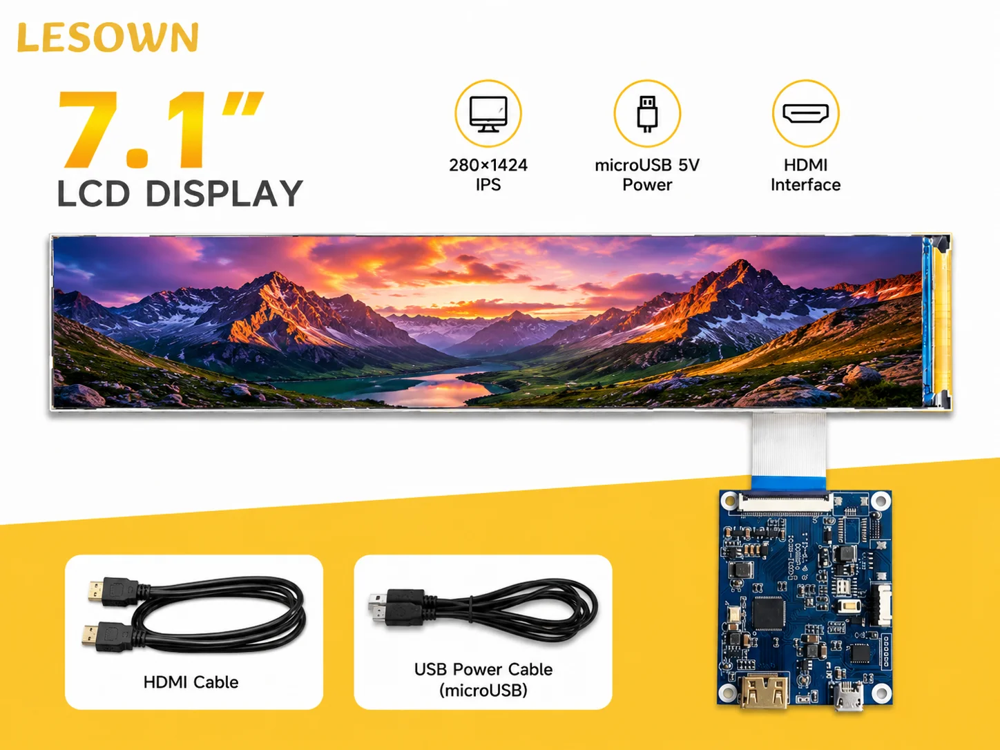 LESOWN 7.1" Bar Display Panel Kit 280x1424 Wide Angle 400nits Zero Setup Monitor for Sim Racing Dash