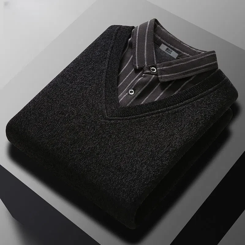 

Contrast Color Men's Clothing Turn-down Collar Autumn Winter Pullover Long Sleeve Button Striped Patchwork Sweater Knit Tops