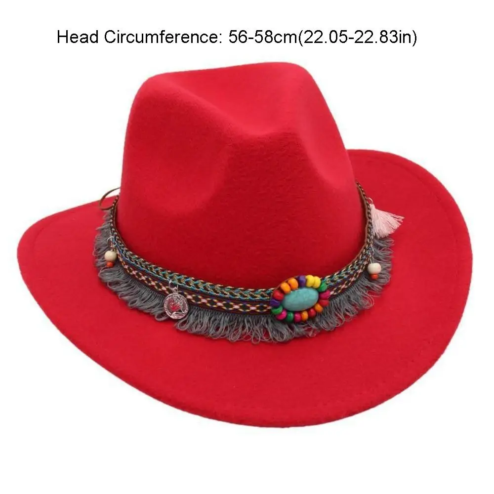 Vintage Woolen Western Cowboy Hat Solid Color Big-edge Cowgirl Jazz Hat Roll Brim Colorful Top Hat Bucket Hats 6
