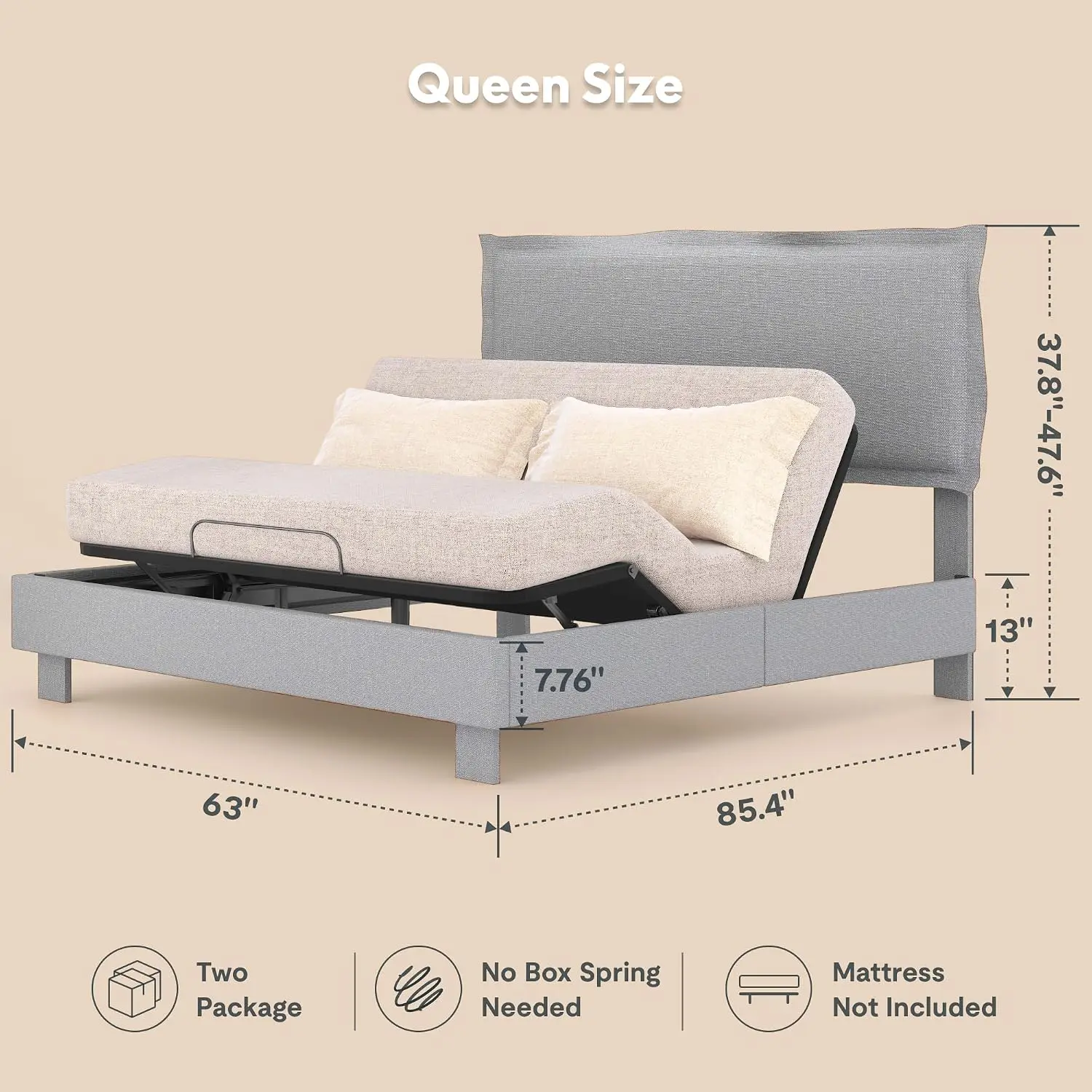 Adjustable Bed Frame with Upholstered Headboard Queen Synchronized Lift 600 lbs 5Y Motor 10Y Frame Warranty Grey Customized