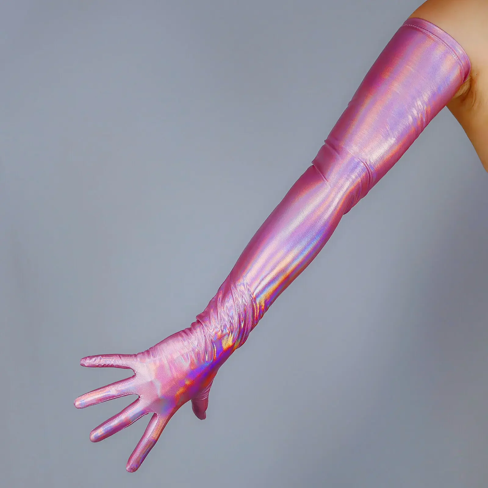 

Metallic Pink GLOVES 28" 70cm Long Shine Light Liquid Holograpgic Thin Stretch Fashion Stage Costume Evening Opera Gothic Glove
