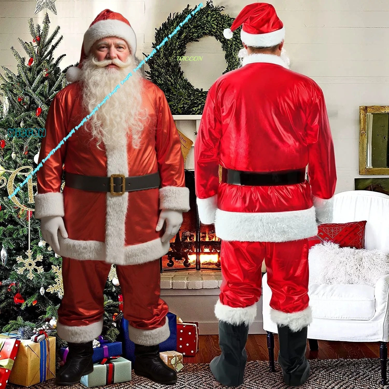 Modern Adult Santa Claus Outfit Velvet Polyester Fiber Christmas Cosplay Costume Festival Dance Performance Dress Up Set