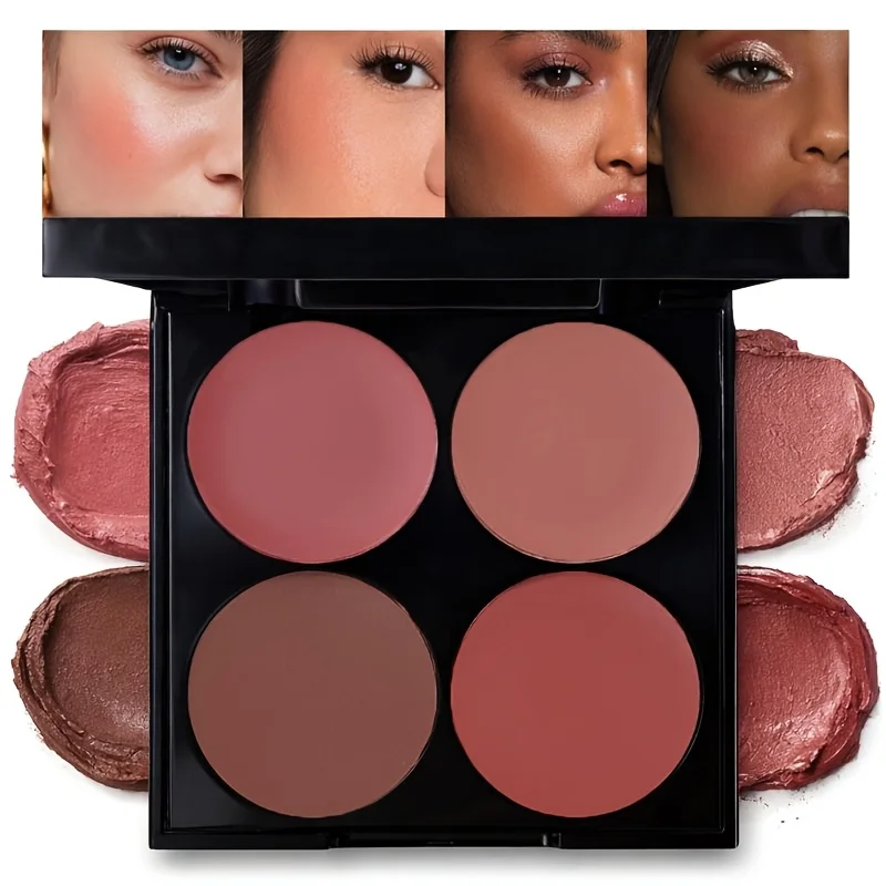 2-Piece Four-Color Blush and Contouring Palette for a Brightening Nude Makeup Look, Low-Saturation Contouring Blush and Eyeshadow Palette, Multi-Use Blush Cream with a Silky Texture and Buildable Effect, Combining Matte and Pearlescent Finishes