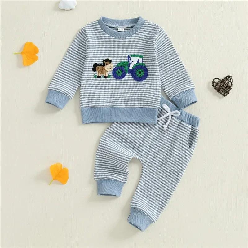 

2025 Baby Autumn 0-3Y Boy Girl Farm Embroidery Clothes Cotton Waffle Sets Long Sleeve Sweatshirt and Striped Pants 2Pcs Outfits