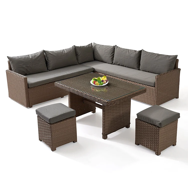 

Patio Modern Wicker All Weather Aluminum Rattan Outdoor Corner L-Shaped Dining Garden Sofa Set