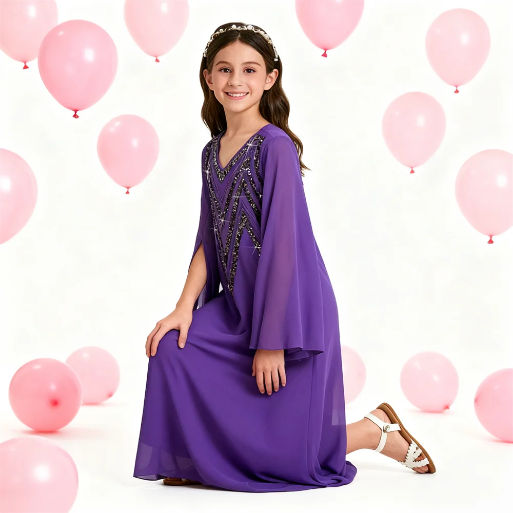 

Шифоновое длинное платье для девочек с блестками, Абая, Дубай, кафтан, халат с расклешенными рукавами, арабский марокканский кафтан, платье на Ближнем Востоке, платье Джалабия