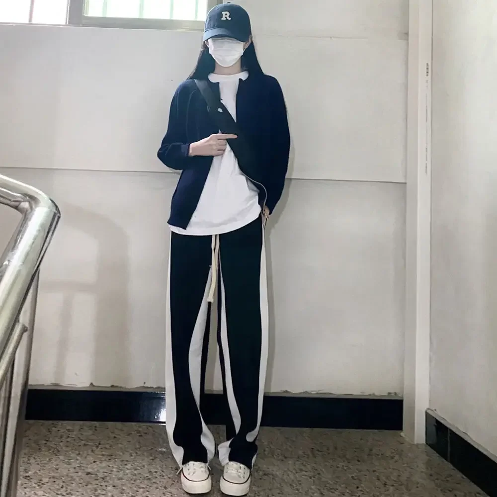 New 2022 Black and White Patchwork Casual Pants Women Summer Sweatpants Loose Full Length Straight Leg Sports Trousers Female