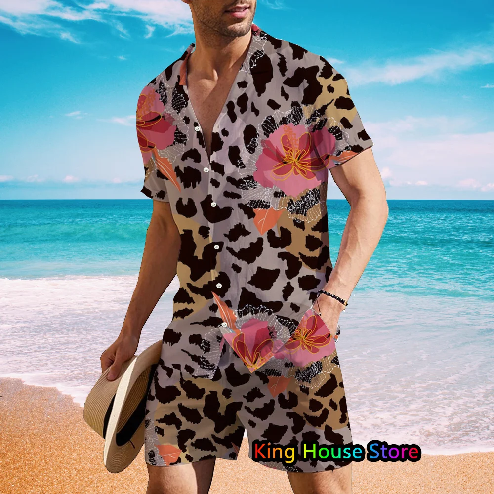 New Luxury Hawaiian Shirt 2 piece Set Summer 3D Printing Leopard Short Sleeve Shirt Beach Shorts Suits Casual Men's Clothes