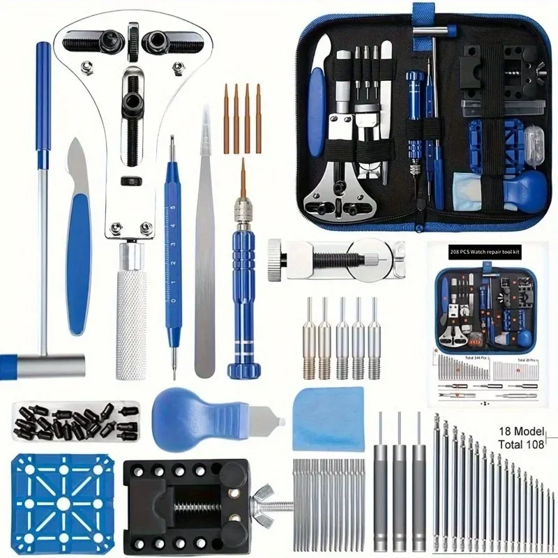 208pcs/Set Professional Watch Repair Tool Kit - Stainless Steel Watch Battery Replacement Set with Spring Bar & Band Link Pin Tools, Case Opener, Screwdrivers, Tweezers - Carrying Case Included
